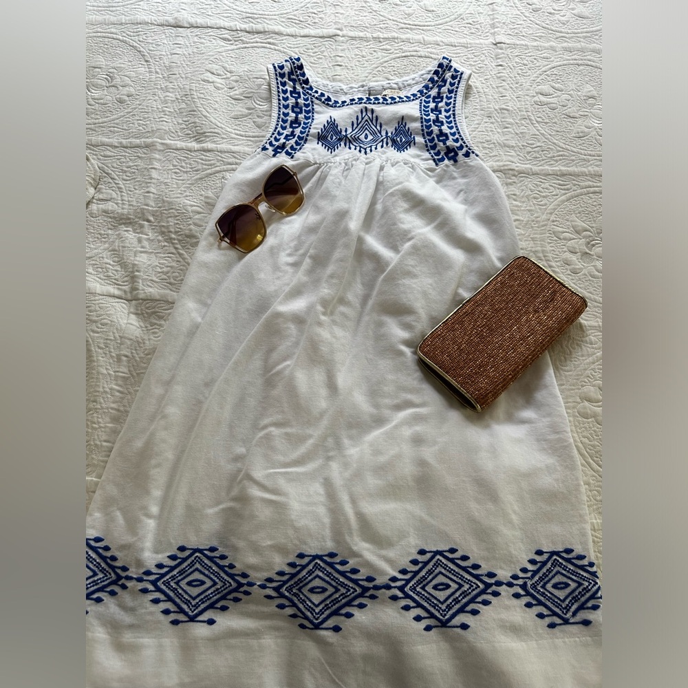 J. Crew White Cotton/Linen Sundress with Blue Embroidered Trim | size 4